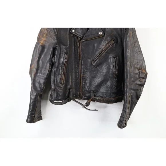 Vintage 50s 38 Thrashed Horsehide Leather Belted Motorcycle Jacket Dark Brown